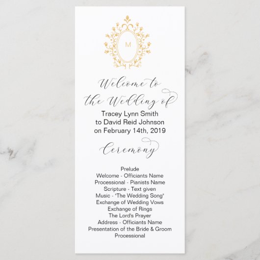 Programme de mariage minimal avec monogramme doré (Devant)