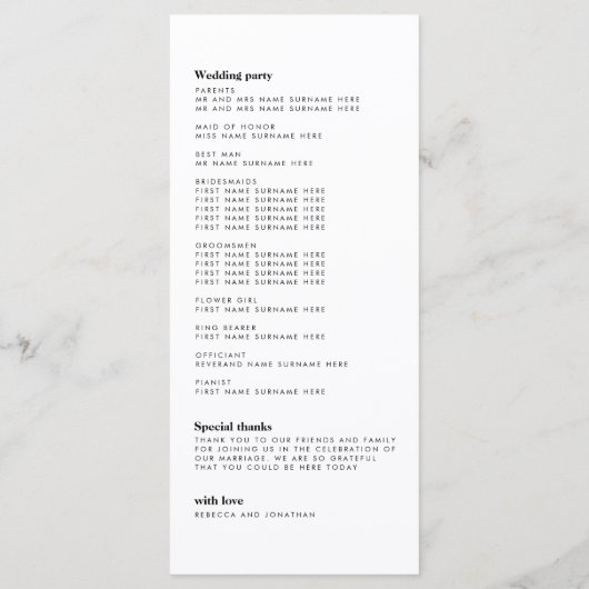 Programme de mariage minimal en plume noire (Dos)