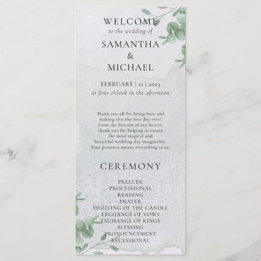Programme de mariage minimal moderne Eucalyptus (Devant)