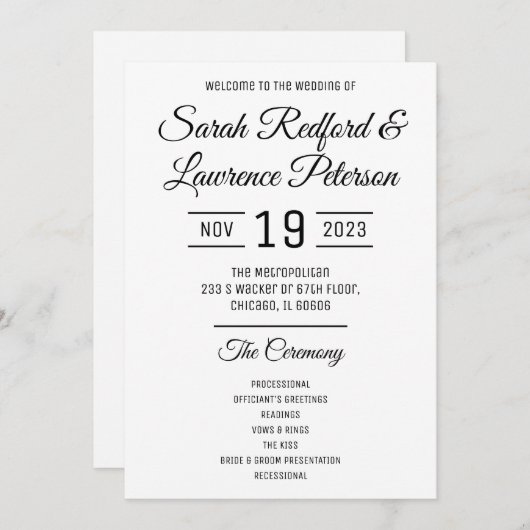 Programme de mariage minimaliste à l'échelle (Devant / Derrière)