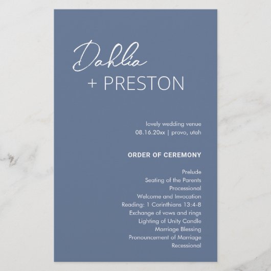 Programme de mariage minimaliste bleu poussiéreux (Devant)