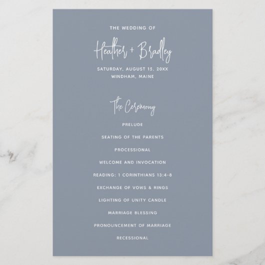 Programme de mariage minimaliste bleu poussiéreux  (Devant)