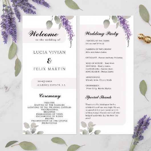 Programme de mariage minimaliste lavande eucalyptu