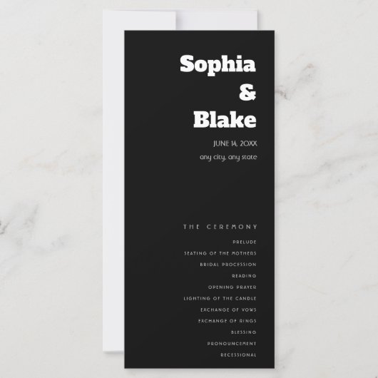 Programme de Mariage Minimaliste Noir Simple (Devant)
