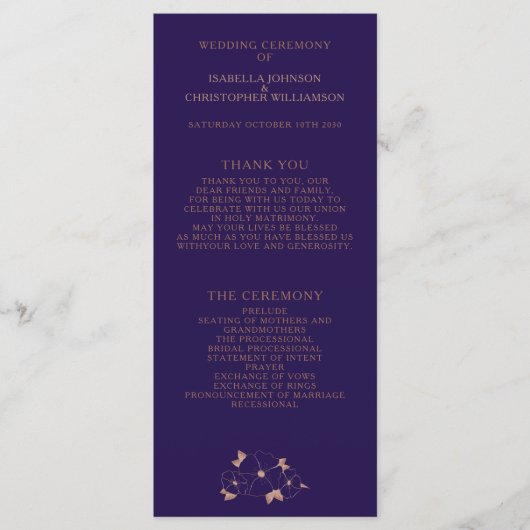 Programme de mariage moderne à fleurs en cuivre et (Devant)