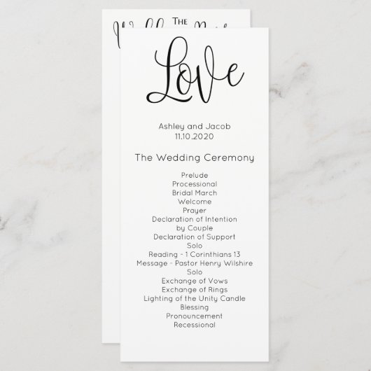 Programme de mariage moderne. Amour. Cérémonie sim (Devant / Derrière)