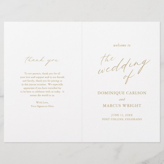 Programme de mariage moderne avec calligraphie dor (Devant)