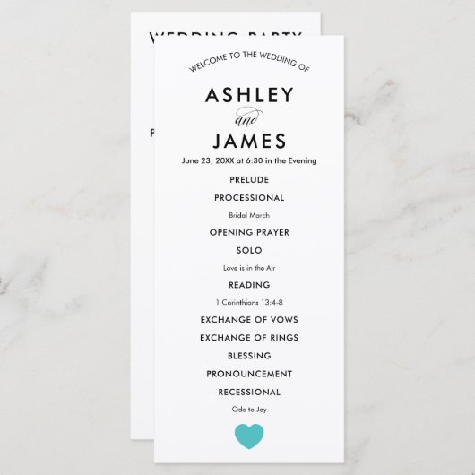 Programme de mariage moderne avec Coeur Turquoise (Devant / Derrière)
