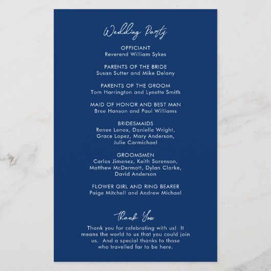 Programme de mariage moderne bleu marine minimal (Dos)