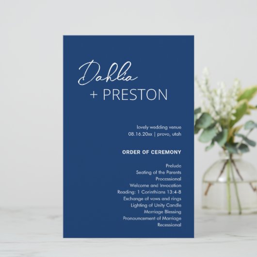 Programme de mariage moderne bleu marine minimal (Debout devant)
