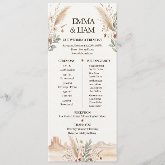 Programme de mariage moderne boho désert en terre (Devant)