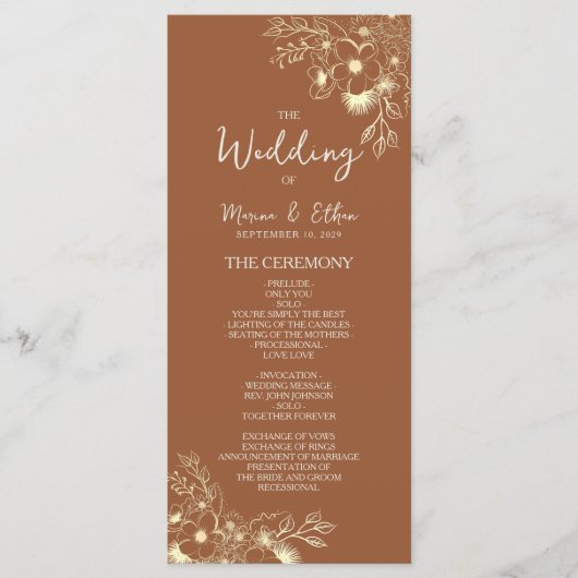 Programme de mariage moderne boho orange brûlé (Devant)
