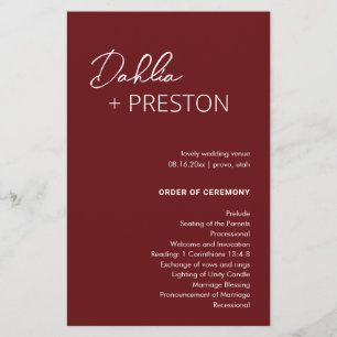 Programme de mariage moderne bordeaux minimal