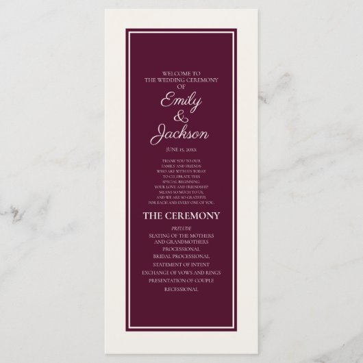Programme de mariage moderne crème et burgundy (Devant)
