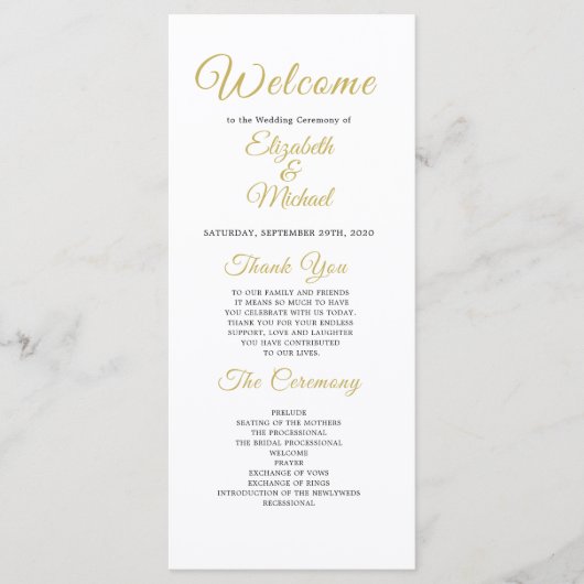 Programme de mariage moderne en écriture dorée (Devant)