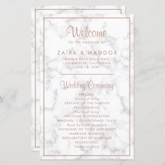 Programme de mariage moderne en marbre or rose élé (Devant / Derrière)