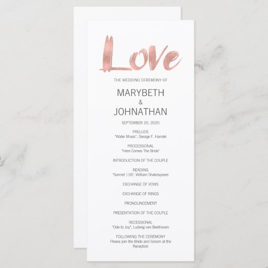 Programme de mariage moderne en or rose amour (Devant / Derrière)