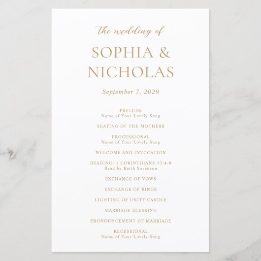 Programme de mariage moderne en or simple (Devant)