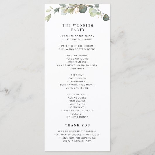 programme de mariage moderne eucalyptus vert (Dos)
