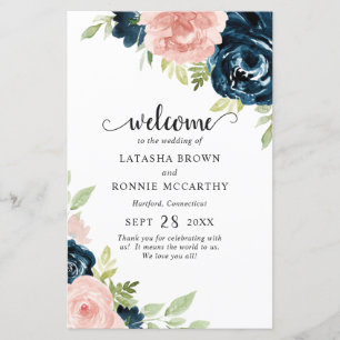 Programme de mariage moderne floral rose Navy Blue