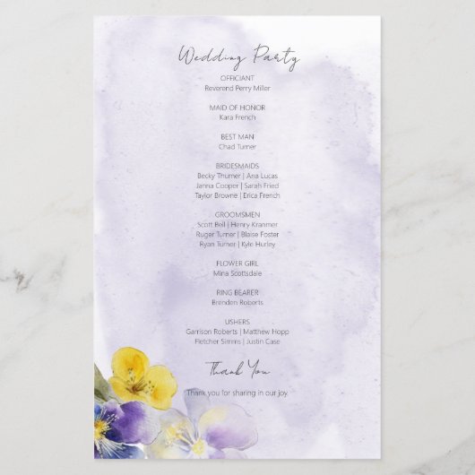 Programme de mariage moderne floral violet et jaun (Dos)