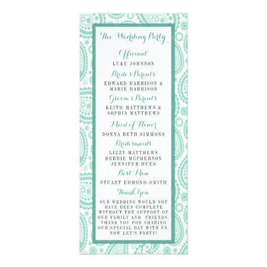Programme de mariage moderne Green Paisley (Dos)