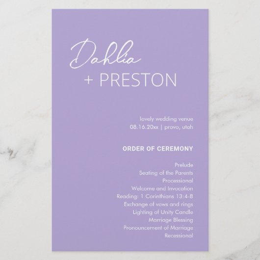 Programme de mariage moderne lilas minimaliste (Devant)