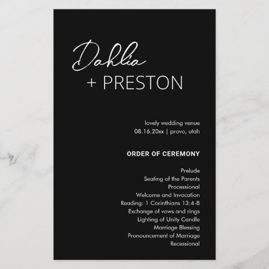 Programme de mariage moderne minimal noir (Devant)