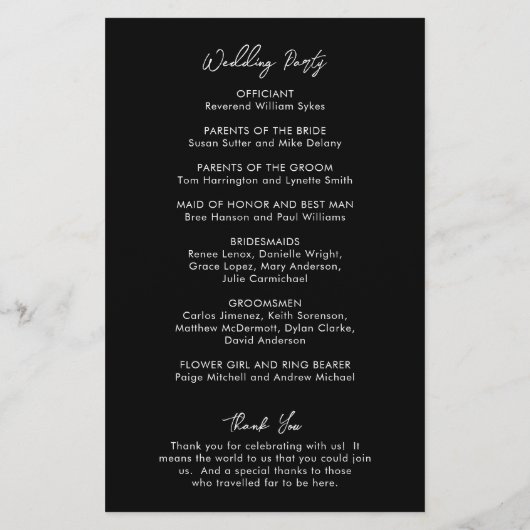 Programme de mariage moderne minimal noir (Dos)