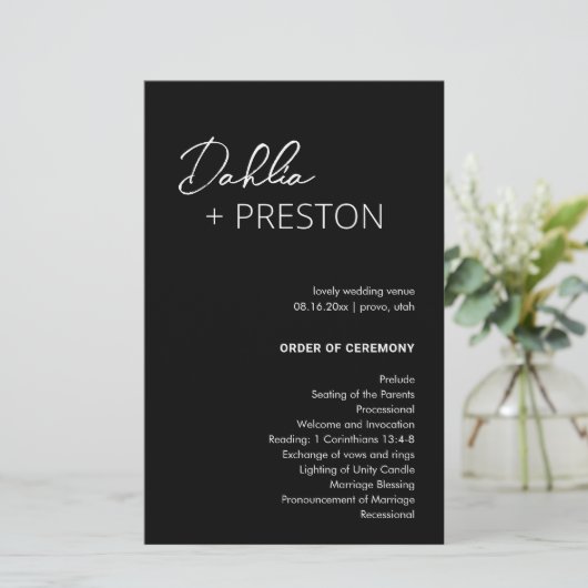 Programme de mariage moderne minimal noir (Debout devant)