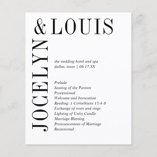 Programme de mariage moderne noir et blanc gras (Devant)