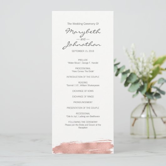 Programme de mariage moderne Rose Gold Brushstroke (Debout devant)