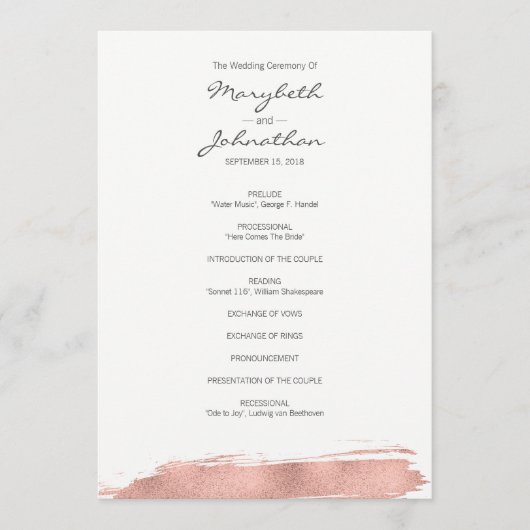 Programme de mariage moderne Rose Gold Brushstroke (Devant)