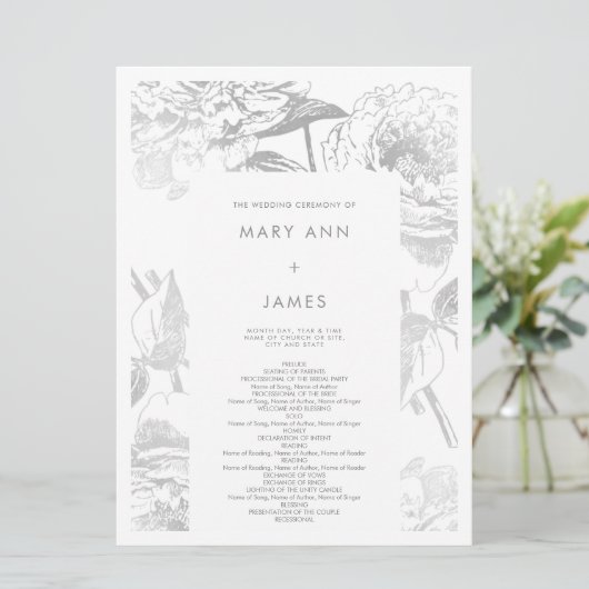 Programme de mariage Moderne Simple Floral Argent (Debout devant)