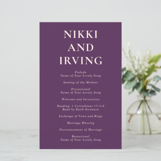 Programme de mariage moderne simple gras violet (Debout devant)