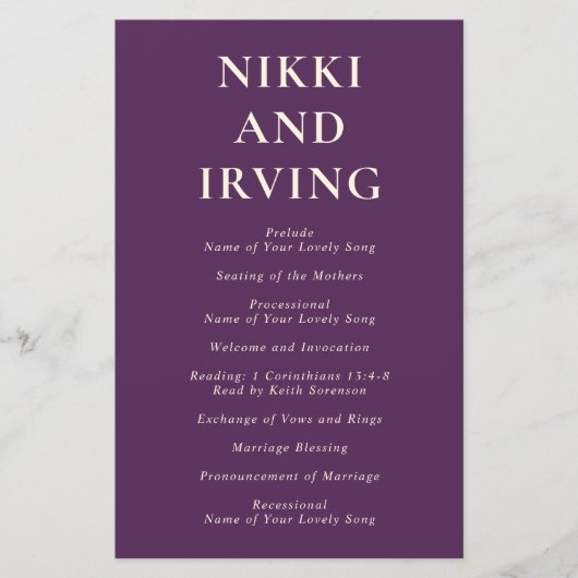 Programme de mariage moderne simple gras violet (Devant)