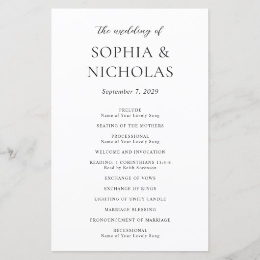 Programme de mariage moderne simple noir et blanc (Devant)