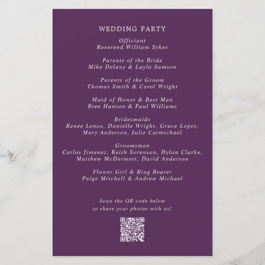 Programme de mariage moderne violet avec polices g (Dos)