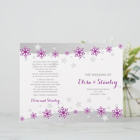 Programme de mariage moderne violet de flocons de  (Debout devant)