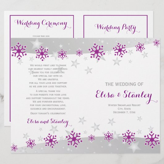 Programme de mariage moderne violet de flocons de  (Devant / Derrière)