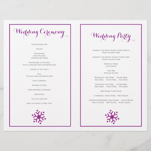 Programme de mariage moderne violet de flocons de  (Dos)