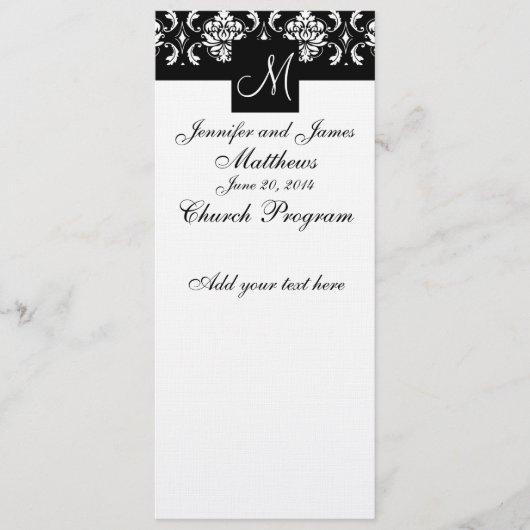 Programme de mariage Monogramme Noir Blanc Damas (Devant)