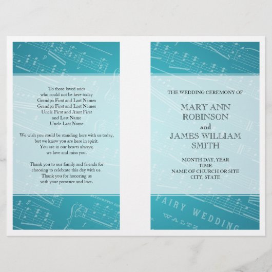 Programme de mariage Musique Bleu (Devant)