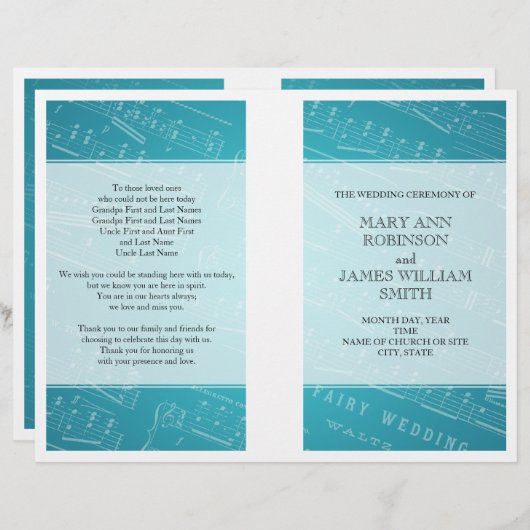 Programme de mariage Musique Bleu (Devant / Derrière)