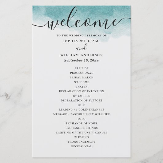 Programme de mariage nautique bleu aquarelle éléga (Devant)