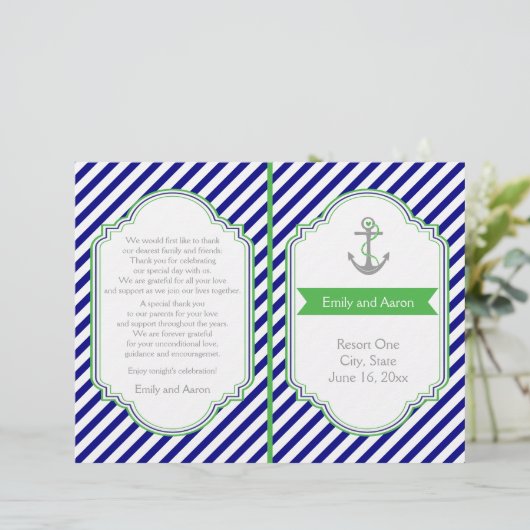 Programme de mariage nautique bleu marine, vert (Debout devant)