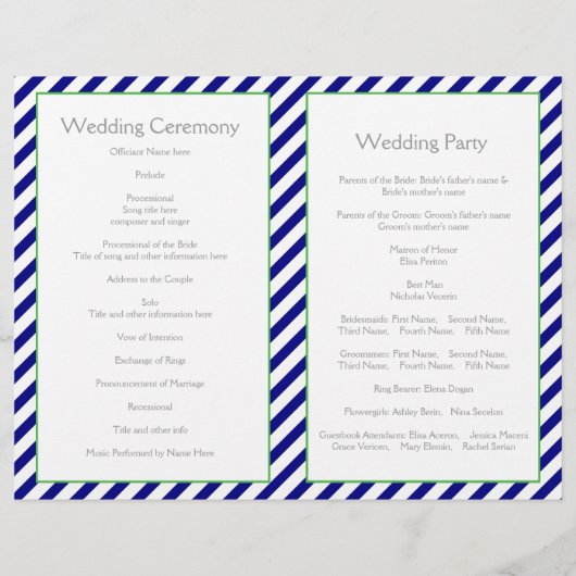 Programme de mariage nautique bleu marine, vert (Dos)