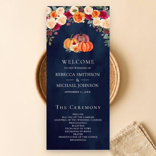 Programme de mariage Navy Floral Citrouille Orange