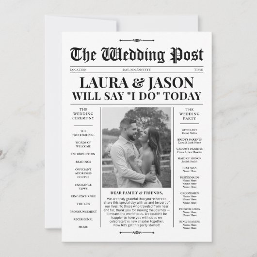 Programme de mariage noir blanc + Timeline Newspap (Devant)