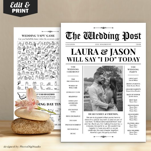 Programme de mariage noir blanc + Timeline Newspap